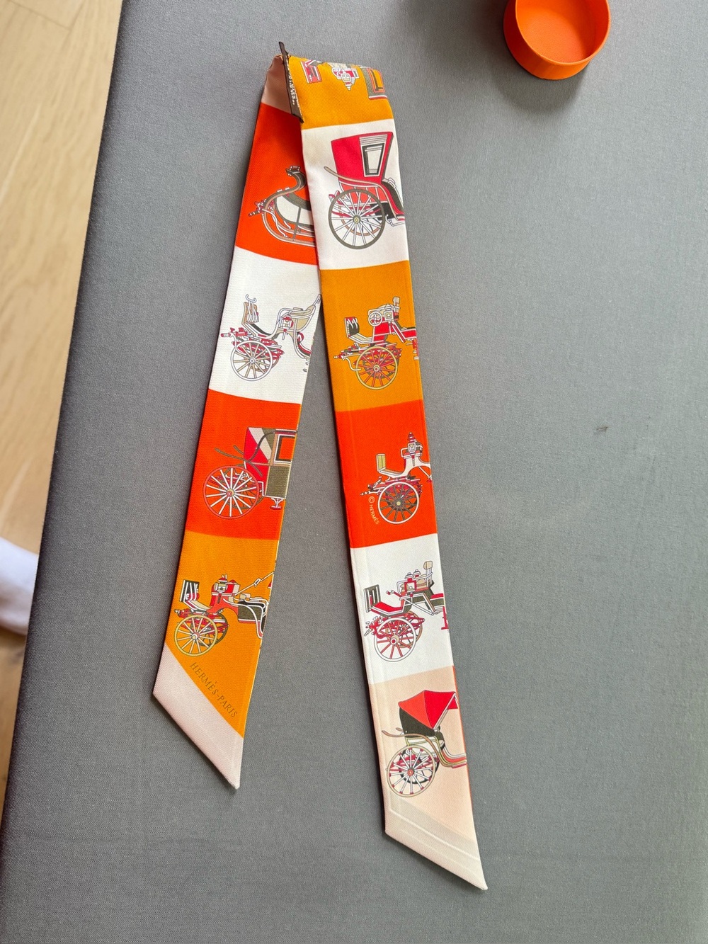 Hermès Orange, Cream and Beige Carriage Print Twilly Scarf - Picture 6 of 10